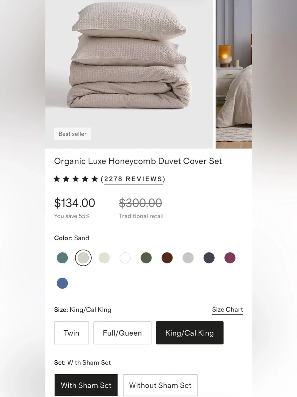 NEW Quince 100% Organic Cotton Luxe Honeycomb Duvet Cover Set, King/Cal  (Sand)